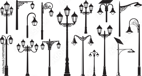 Various street lamps and lanterns in black and white