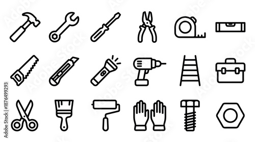 Set of black line art icons representing various construction and repair tools like a hammer, wrench, screwdriver, drill, and saw for DIY and home improvement projects