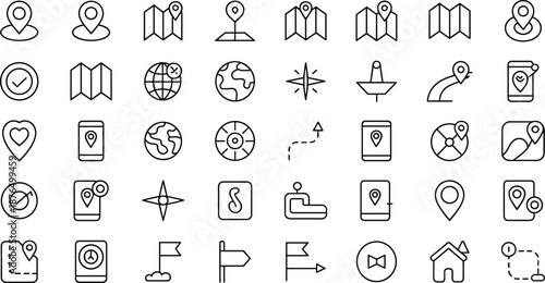 Navigation and map location outline icon set featuring GPS pins, routes, compass, maps, destinations, and travel symbols for apps, websites, UI design, and digital interfaces