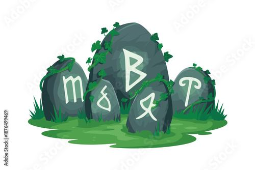 A vector graphic illustration of ancient stones with mystical symbols in a grassy field