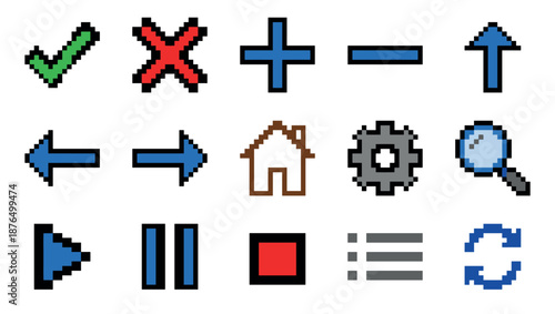 Set of colorful pixel art icons for a retro video game user interface with various symbols like arrows, checkmarks, and settings, rendered in a classic 8-bit style
