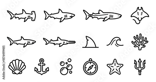 Set of black line icons featuring various sharks, a manta ray, anchor, compass, and other marine life symbols in a minimalist, hand-drawn vector style for nautical themes