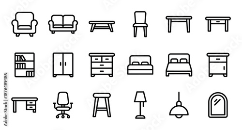 Collection of minimalist furniture and home decor icons including a sofa, bed, chair, table, and lamp, presented in a simple black and white line art vector style