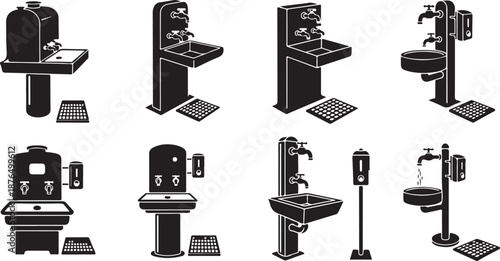 Various types of sinks and faucets in black and white