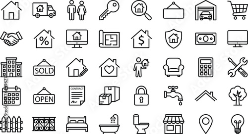 Outline real estate icon set featuring property, home, mortgage, security, and finance symbols for websites, apps, presentations, and marketing materials branding projects digital