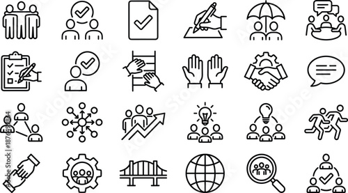 Teamwork and collaboration outline icon set featuring leadership, communication, trust, agreement, growth, and community support symbols for business, corporate, startup