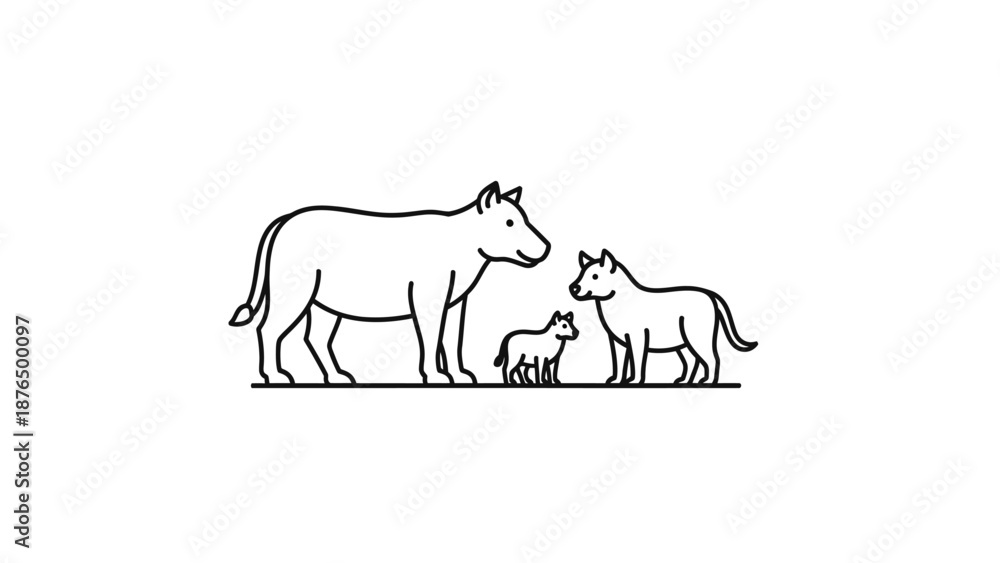 Obraz premium Farm Animal Family Silhouette: Cow, Dog, Puppy Line Art