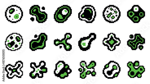 Collection of green and black pixel art icons depicting abstract biological cells, microbes, and amoebas in a retro 8-bit video game style asset pack