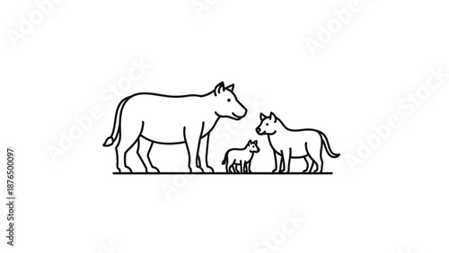 Farm Animal Family Silhouette: Cow, Dog, Puppy Line Art