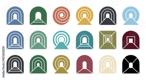 Collection of colorful minimalist tunnel icons in various geometric shapes, including arches and circles, illustrating concepts of journey, perspective, and pathways
