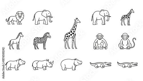 Hand-drawn Safari Animals Collection: Lion, Elephant, Giraffe, Zebra, Monkey, Rhino, Hippo, Crocodiles