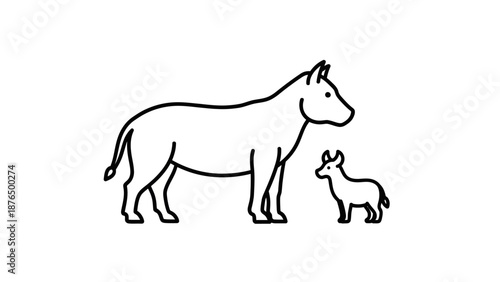 Line art illustration of a horse and foal standing side by side on white background