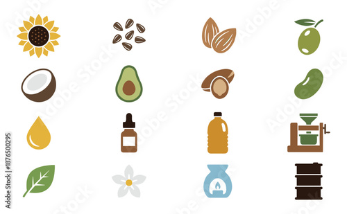 Collection of colorful flat vector icons representing various natural oils and their sources like sunflower, olive, coconut, and avocado for cooking, beauty, and aromatherapy