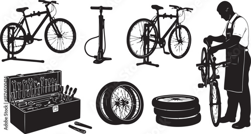 Bicycle repair shop with tools and equipment illustration set