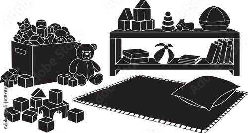 Black and white illustration of children's playroom with toys