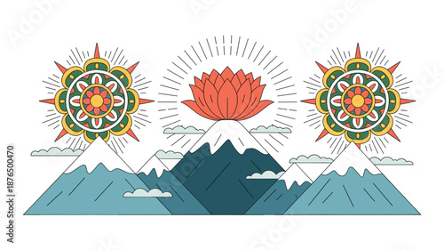 A vibrant vector graphic illustration of a lotus flower and mandalas above snow-capped mountains
