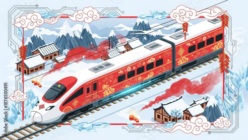 Festive High-Speed Train in Winter