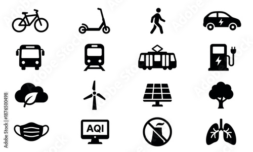 Set of sixteen black minimalist icons illustrating concepts of green transportation, clean energy, air pollution, and environmental health in a simple glyph style