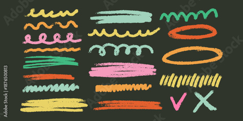 Doodle freehand strokes, scratches, highlighters. Charcoal grunge rough straight and wavy underlines and arrows collection. Hand drawn vector crayon scribbles, pencil lines.