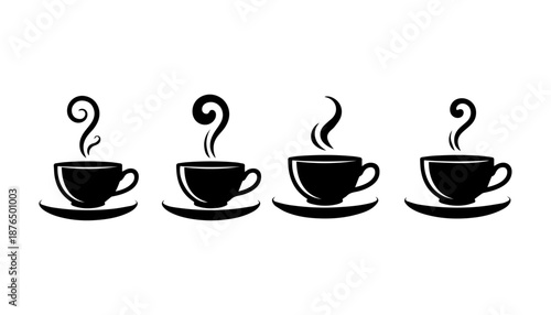Stylized Coffee Cup Silhouettes with Unique Steam Shapes in Minimalist Monochrome Beverage Icon Set