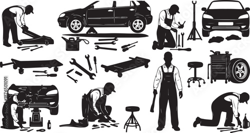 Mechanic and car repair illustrations in black and white