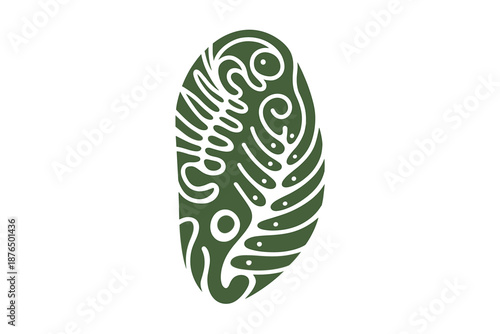 A green leaf with white swirling patterns on a plain background