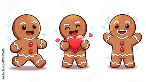 Gingerbread man character expressing joy and love in different poses  