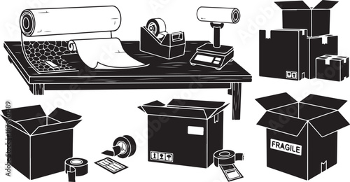 Packaging and shipping materials illustration with boxes and tools