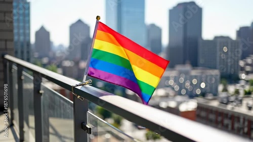 Small rainbow flag waving on balcony railing against blurred urban cityscape, representing lgbtq plus pride, freedom, and acceptance within modern city environment during sunny summer day