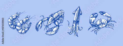 Sketch vintage seafood set. Mediterranean food menu design. Hand drawn vector illustration background