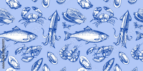 Sketch vintage seafood seamless pattern. Mediterranean food menu design. Hand drawn vector illustration background