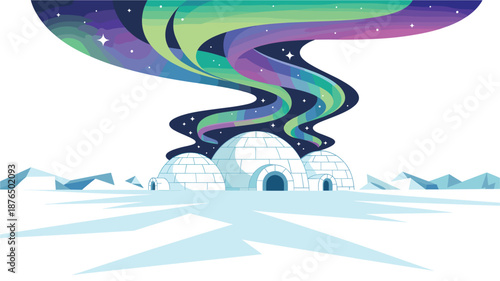 A vibrant vector illustration of colorful aurora borealis swirling above igloos in a snowy landscape