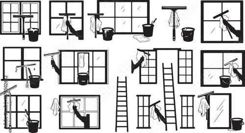 Window Cleaning Illustrations with Various Tools and Techniques Shown