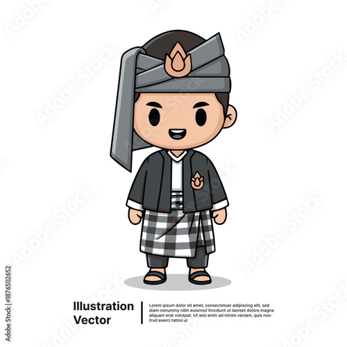 A smiling boy in traditional attire standing against a white background