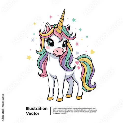 A vibrant cartoon unicorn with colorful mane standing amidst rainbow stars and sparkles