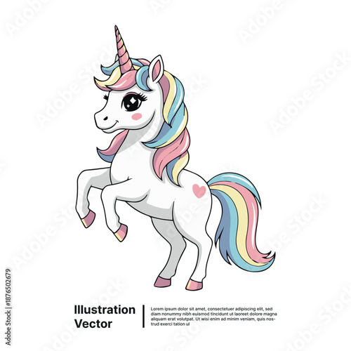 A cartoon unicorn with a vibrant mane is standing on its hind legs against a white background.
