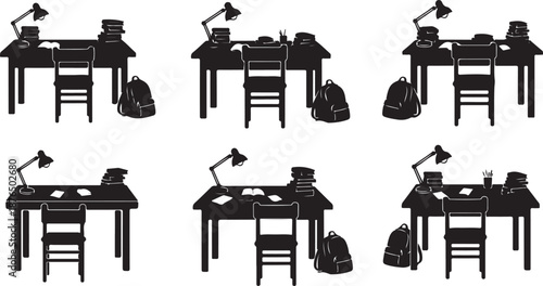 Silhouette of various student desks with school supplies arranged