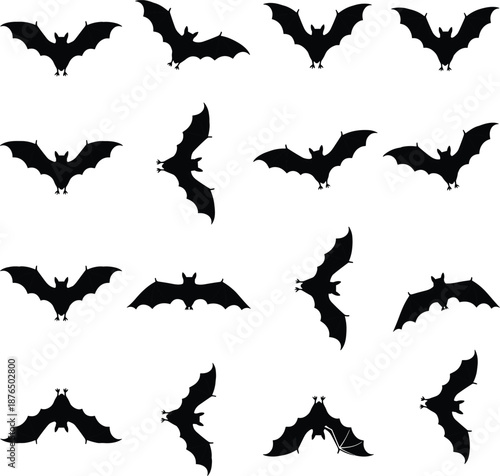 Bat silhouette pattern, flying bat icon, Halloween design, black white graphic, spooky element, nocturnal creature, wing shape, horror theme, wildlife symbol, eerie layout