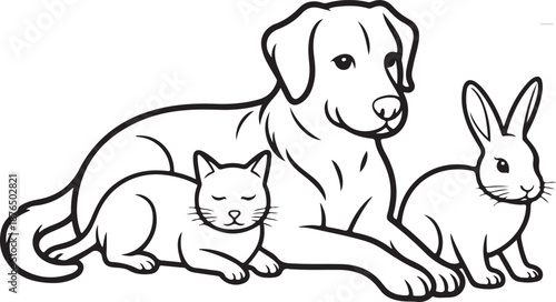 Vector group of pets - Dog, cat, bird, rabbit, isolated on white