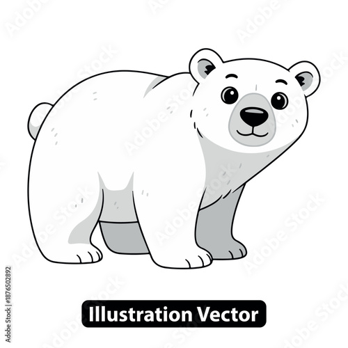 Adorable cartoon polar bear standing on snow, viewed from the side in a vector illustration.
