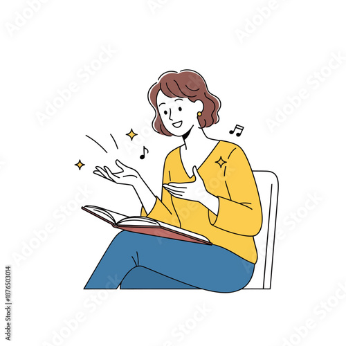 Woman happily singing while reading a book in a chair