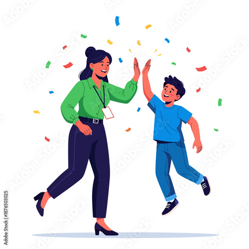 Woman and child celebrating with high five surrounded by colorful confetti
