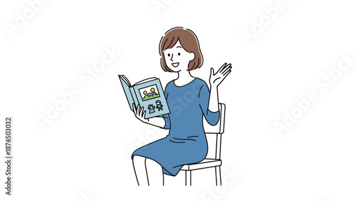 Woman sitting in chair happily reading a book with images
