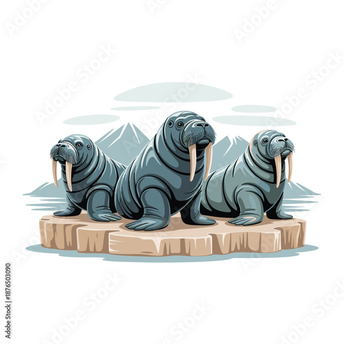 A vector illustration of three walruses sitting on a rocky outcrop in front of a mountainous landscape