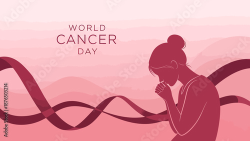 World Cancer Day awareness illustration with woman and pink ribbon