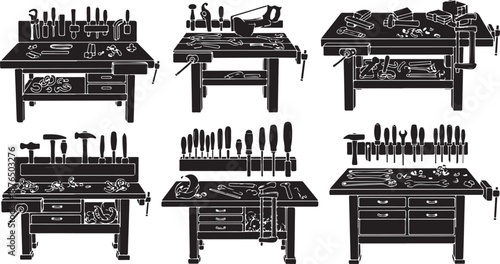 Collection of workbenches with various tools and equipment displayed