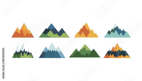 Stylized mountain range illustrations in colorful grid.