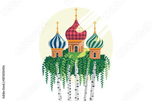 A colorful illustration of a Russian church with onion domes surrounded by birch trees
