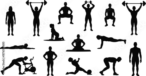 Fitness silhouette, exercise poses, workout icons, gym activity, yoga stretch, weightlifting, push-up, cycling, body movement, black white, health concept