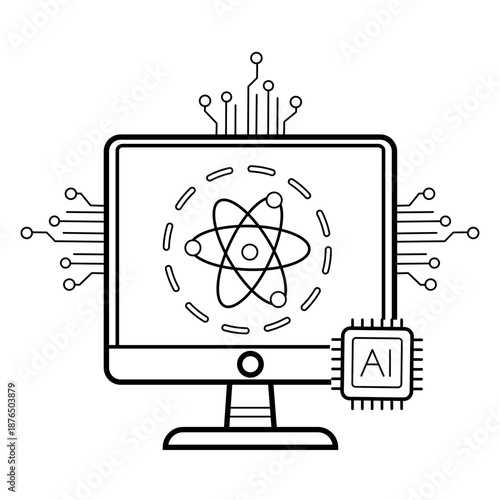 Artificial Intelligence for Quantum Computing concept, Powering Qubits Lcd monitor with microchip vector icon design, AI automation stock illustration